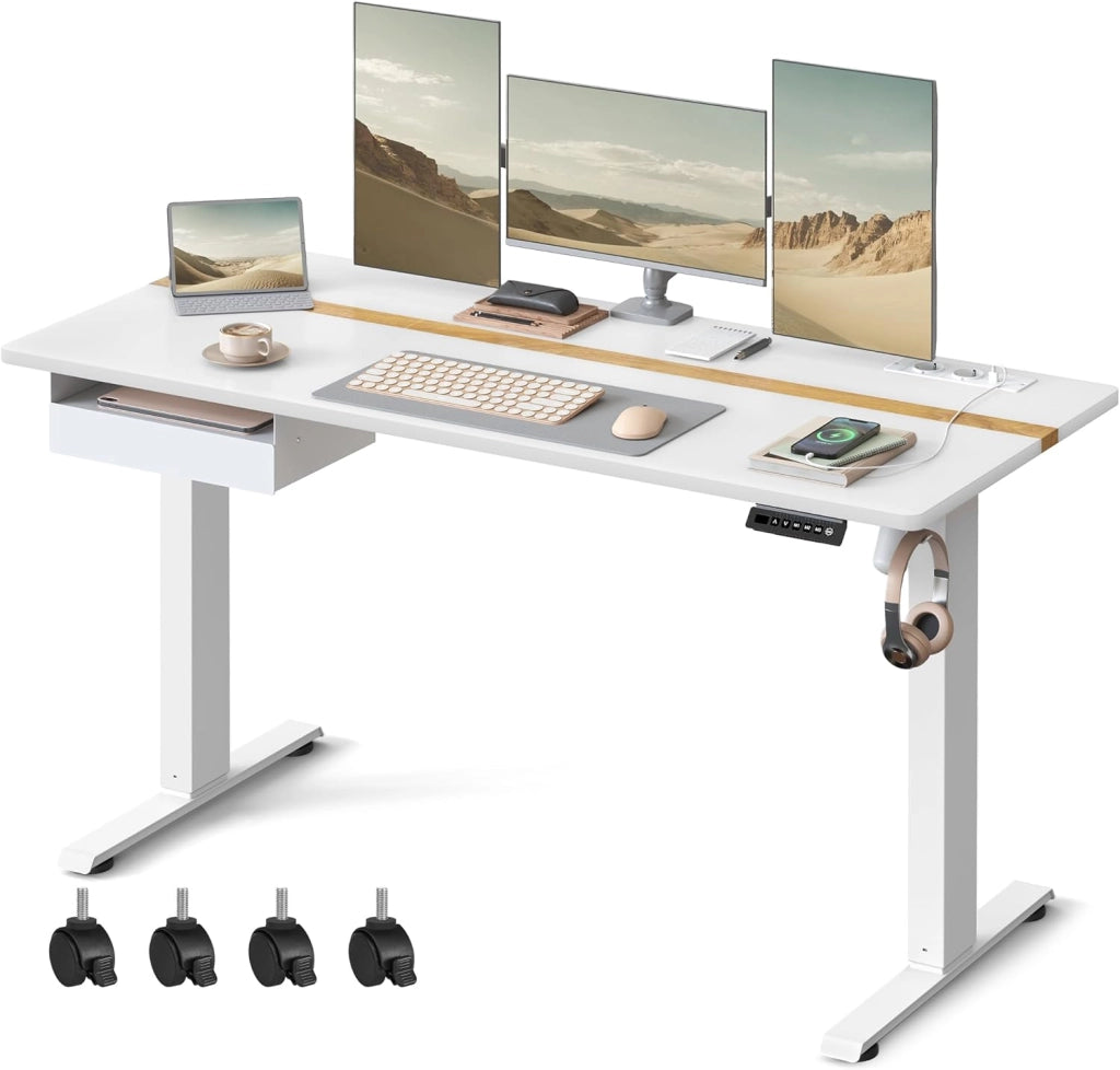 VASAGLE Scrivania Elettrica Regolabile in Altezza, Piano del Tavolo 70 x 160 cm, Regolabile in Continuo, Funzione di Memoria con 4 Altezze, Bianco Nuvola e Rovere Natura LSD116W01
