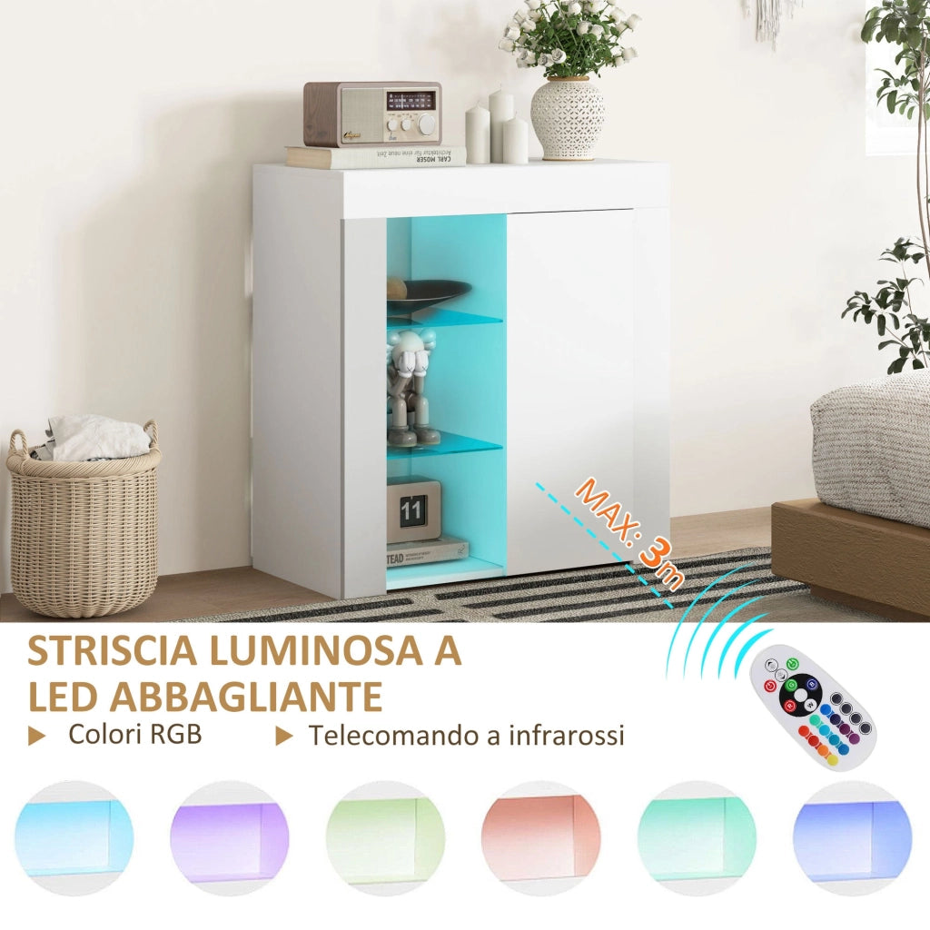 Mobile Contenitore a LED 75x40,1x83 cm 3 Ripiani Aperti e Armadietto in Legno e Vetro Bianco