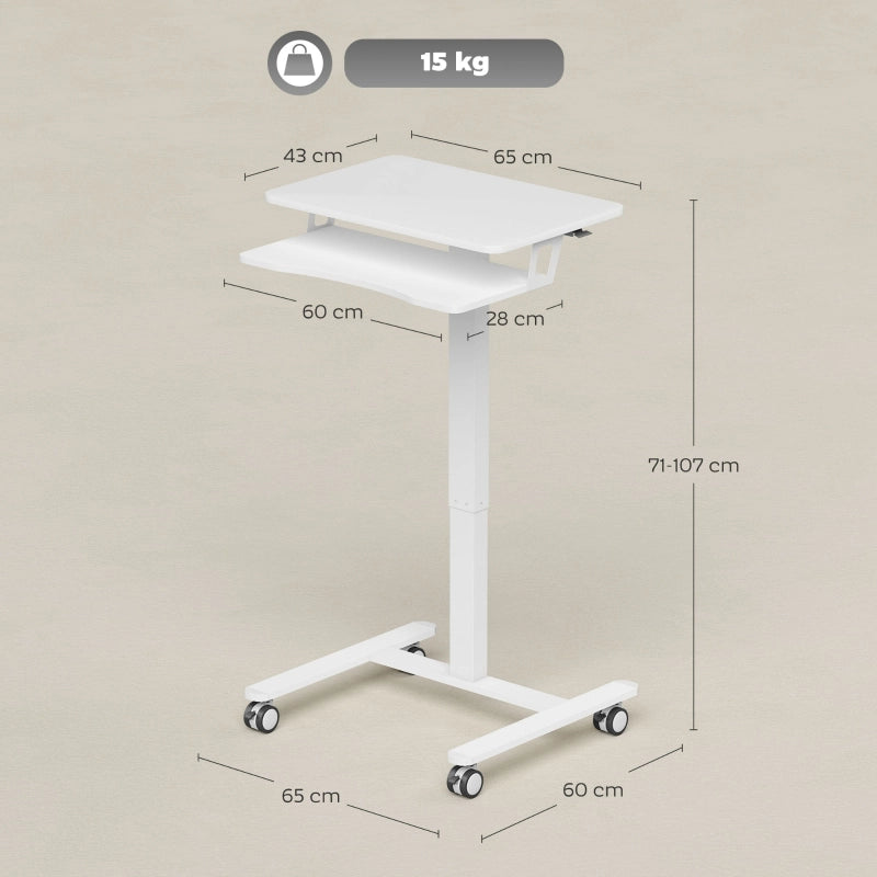 Scrivania lineare regolabile in altezza con vassoio tastiera e ruote, con telaio in acciaio, bianco 65 × 60 cm