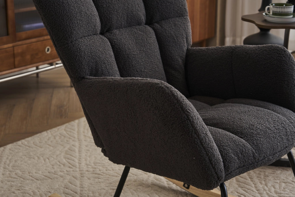 Poltrona a Dondolo Imbottita ¨C MINIMAL ¨C Tessuto Teddy Trapuntato, Grigio Scuro