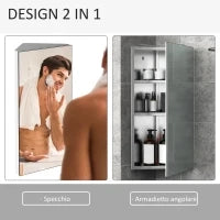 Armadietto Angolare Bagno in Acciaio Anta a Specchio Chiusura Magnetica 3 Ripiani Salvaspazio 60x30x18.4cm