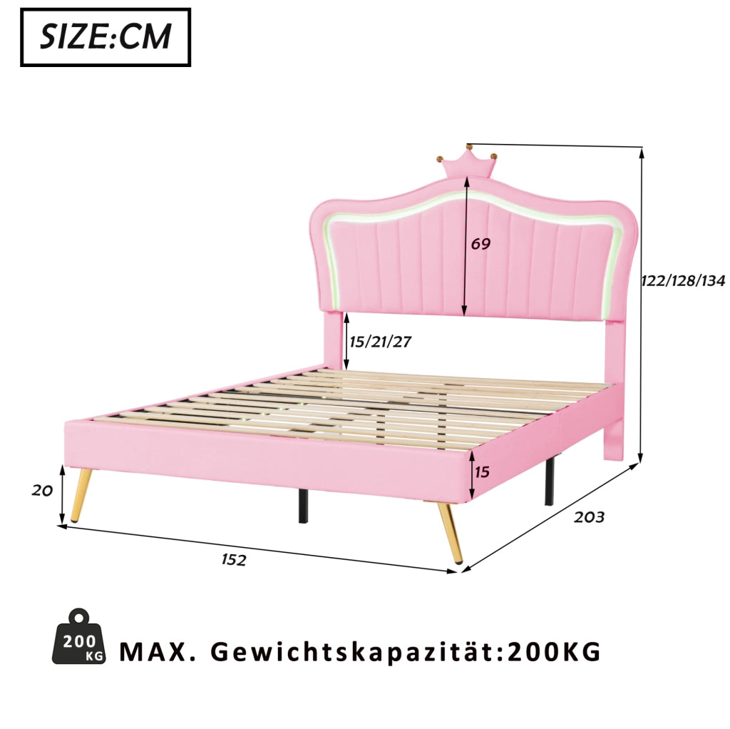 Letto per bambini imbottito 140x200 cm; testiera a conchiglia con LED; similpelle rosa (Senza materasso)