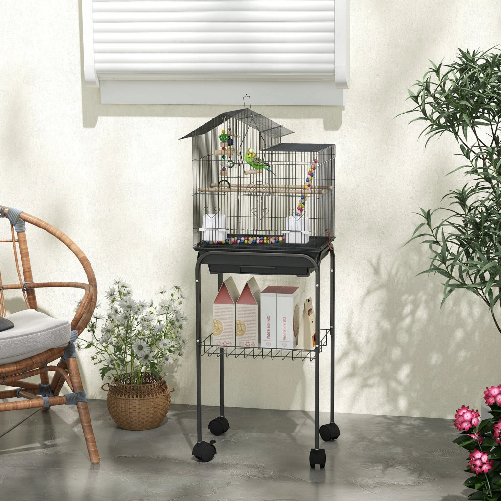 Gabbia per Uccelli con Piedistallo e Ruote ¨C Zephmum ¨C Nero 46x36x120 cm