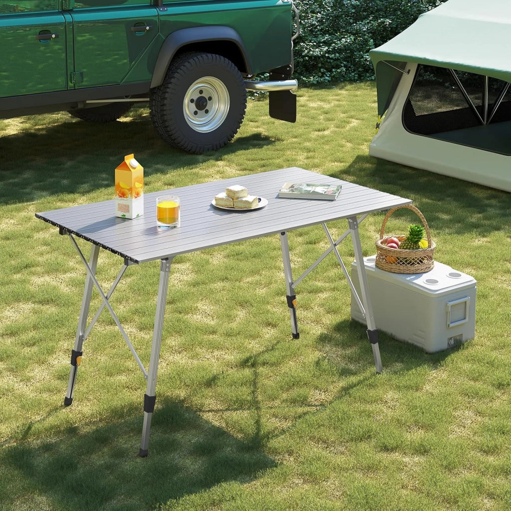Tavolo da Campeggio Pieghevole Portatile in Alluminio per Picnic Giardino Altezza Regolabile 120x68,5x59/78,5 cm Argento
