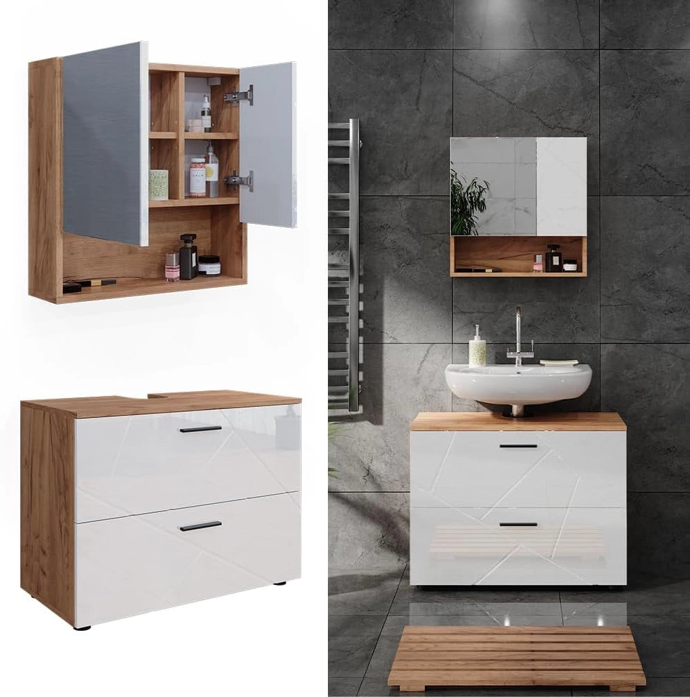 Set di mobili da bagno Irma, Bianco lucido/oro power oak, 80 cm, composto da specchio da bagno e mobile sottolavabo