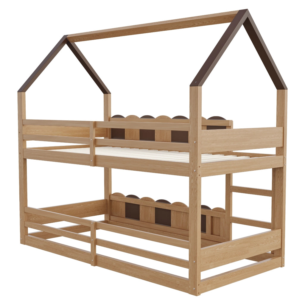 Letto a Castello 90 x 200 cm con Sponde e Porta Frontale; in Legno; Colore Naturale