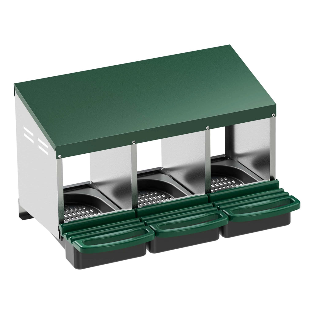 Fudajo Nido triplo per galline ovaiole con vassoio di raccolta 81 x 52 x 48 cm, 3 nidi per uova di gallina, con fori di ventilazione, in plastica, montaggio a parete