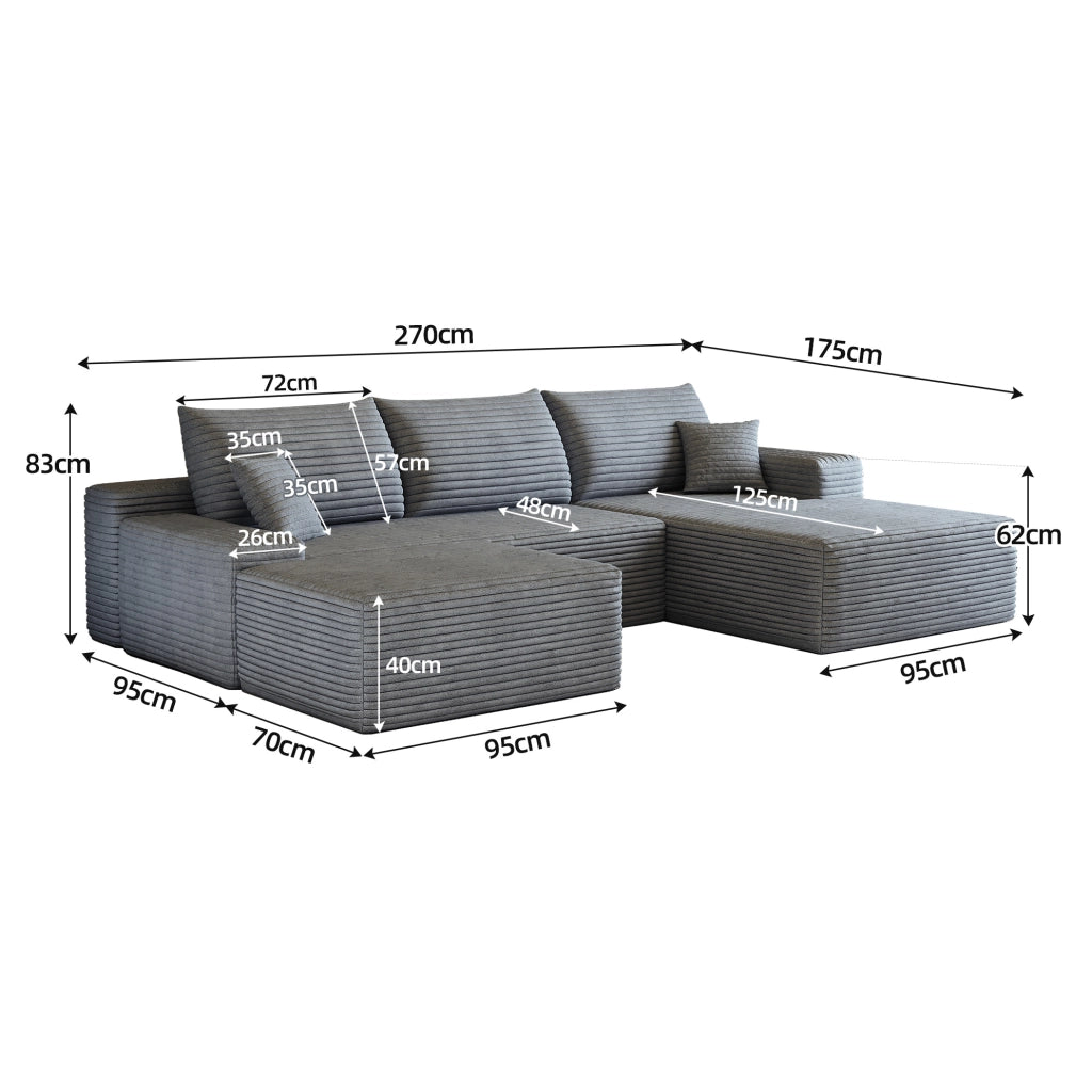 Divano modulare con chaise longue a L in tessuto grigio a coste