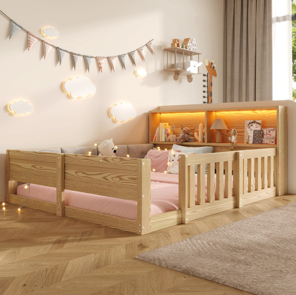 Letto per bambini 140x200 cm con sponde; testiera con contenitore e LED; naturale