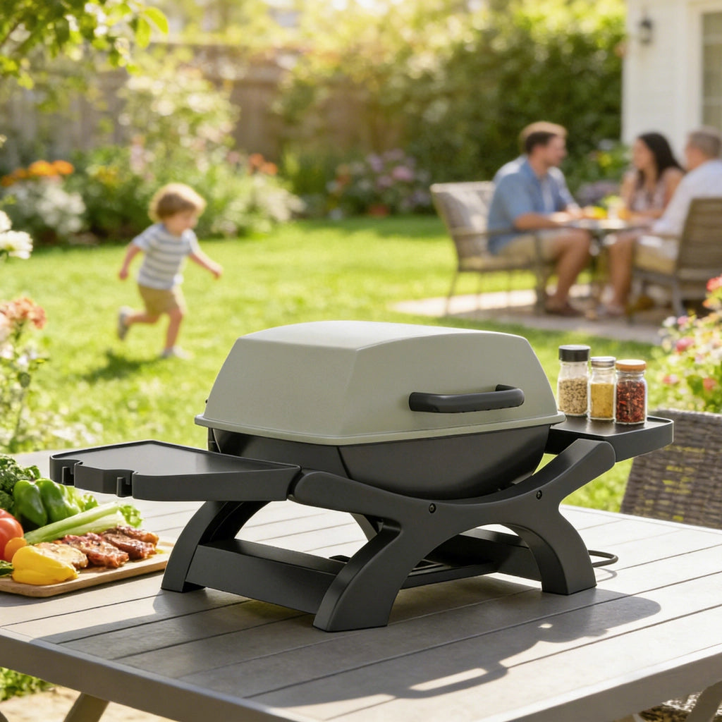 Barbecue Elettrico 2300W Portatile da Tavolo con Ripiani Laterali in Acciaio e Ghisa Nero