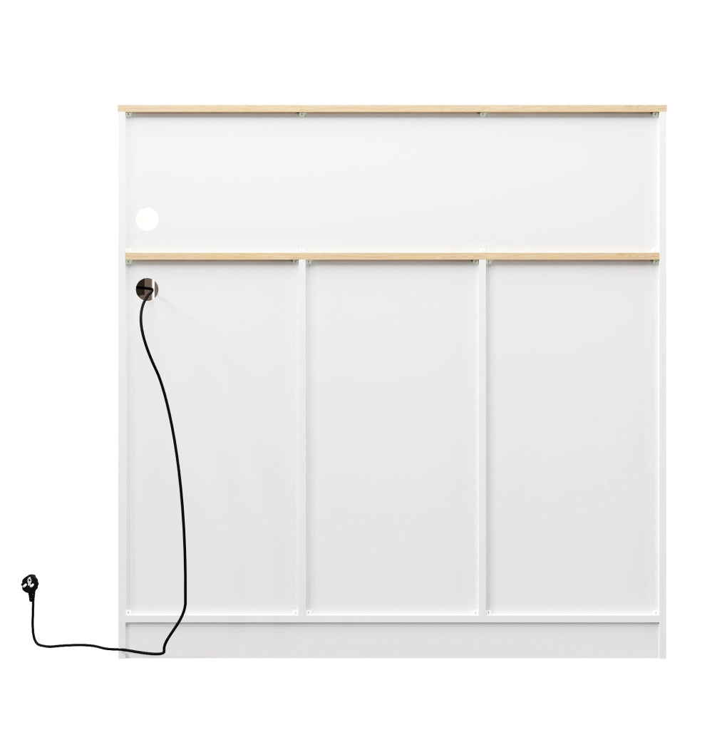 Credenza 120x40x121 cm con LED e presa integrata; MDF bianco e naturale