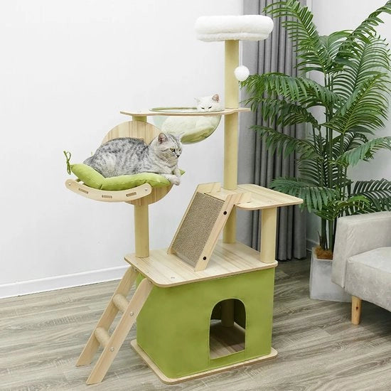 Krabbapalo per gatti - colore verde/legno - 140 cm - Krabbo con casa per gatti - Albero per gatti - Krabbapalo per gatti - Letto imbottito.