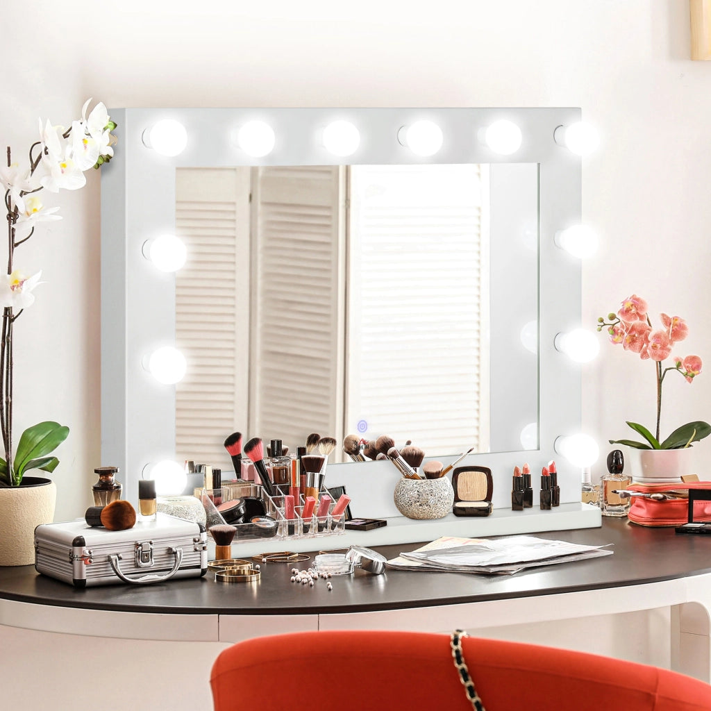 Specchio Trucco Hollywood con 12 LED Touch Dimmerabile in Metallo e MDF Bianco