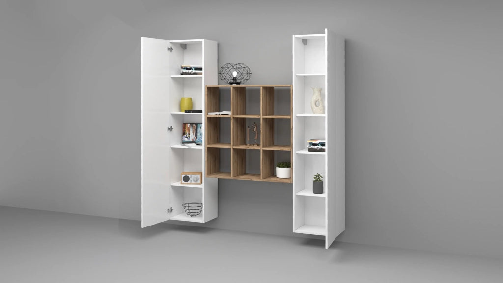 Parete attrezzata bianca sospesa 2 armadi libreria 9 ripiani Pella WH