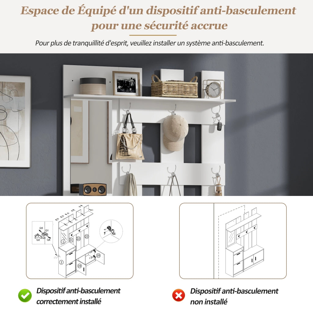Mobile ingresso con 2 ante; 2 ribalte; 6 ganci e specchio; per ingresso; bianco; 120 × 30 × 180 cm