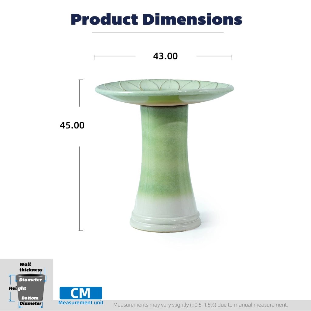 Fontana da giardino per uccelli con ciotola rialzata decorata a rilievo smaltata in ceramica verde Ø43 × 45 cm