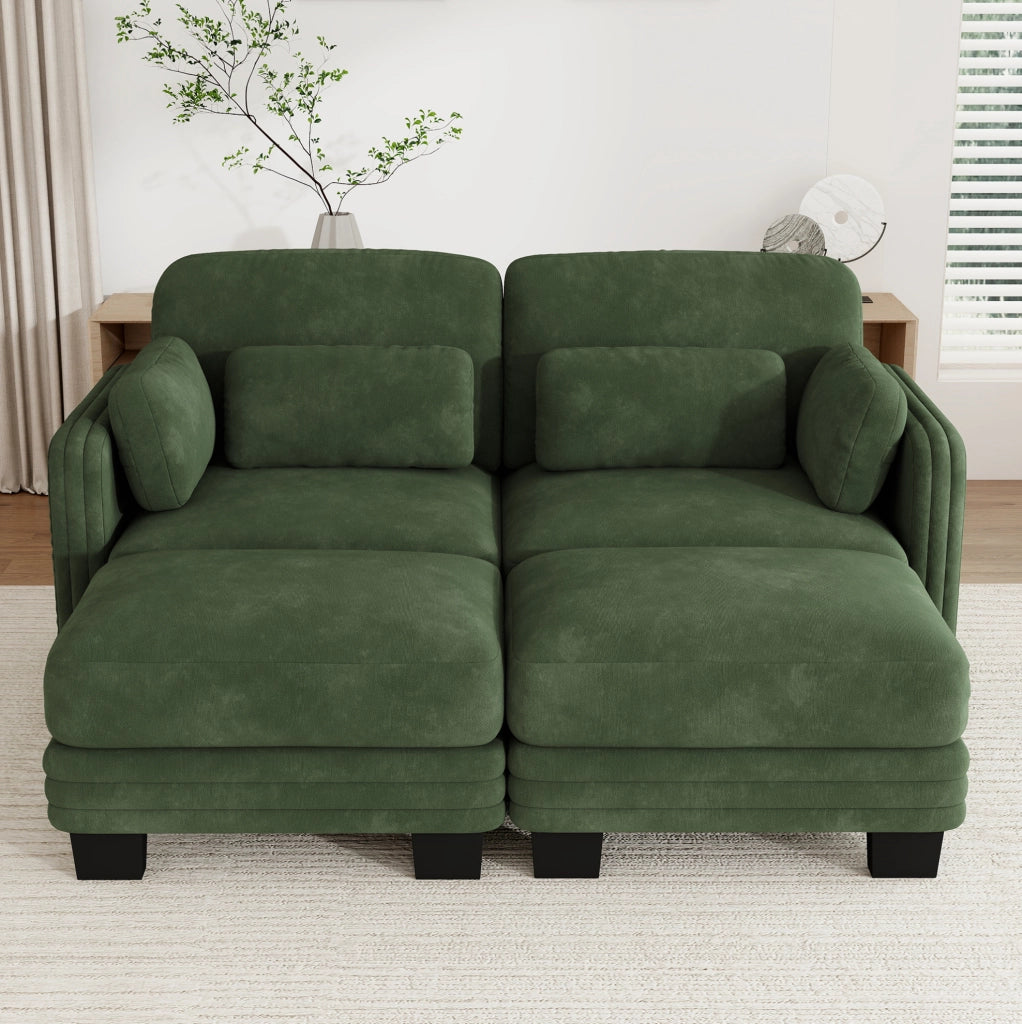 Divano modulare in chenille verde 176x143x88 cm con pouf e cuscini mobili