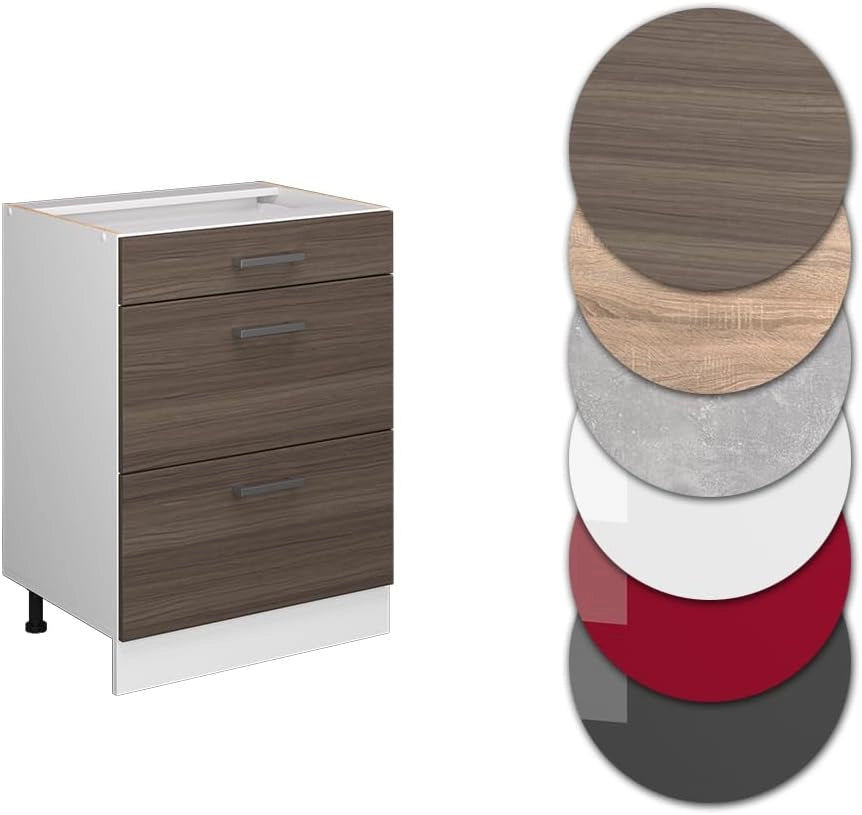 Mobiletto base per cucina R-Line, Grigio nobile, 60 cm con cassetti, senza piano di lavoro, per la libera combinazione all'interno di sistemi cucina modulari