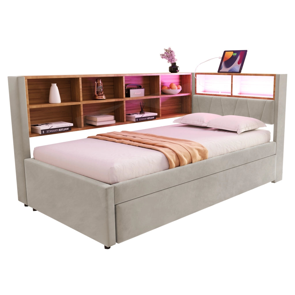 Divano letto multifunzione 90x200 cm con letto estraibile 90x190 cm; LED; grigio chiaro
