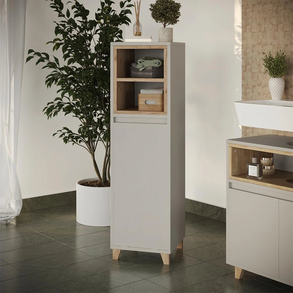 mobiletto bagno Elnor, Greige/Rovere, 30 x 105.2 cm con cesto portabiancheria pieghevole