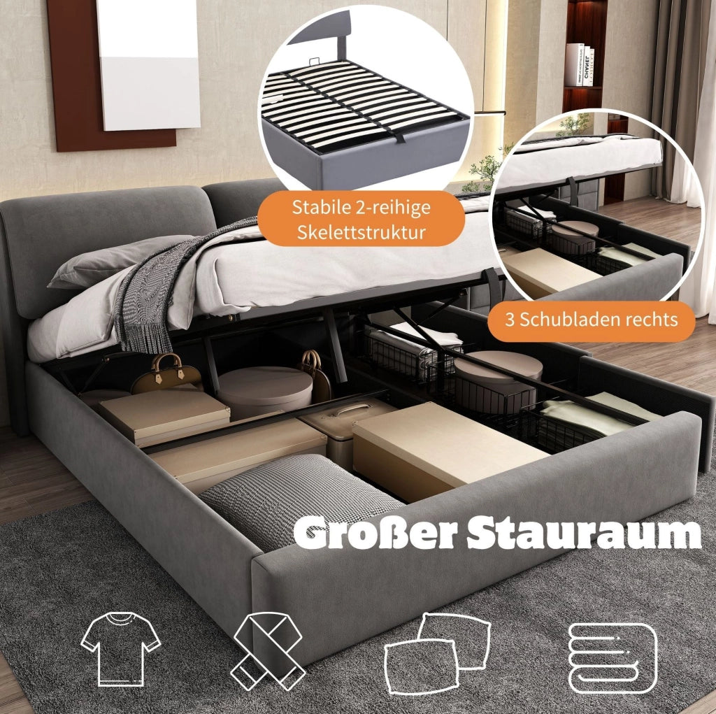 Letto in velluto grigio 140x200 cm con contenitore e 3 cassetti