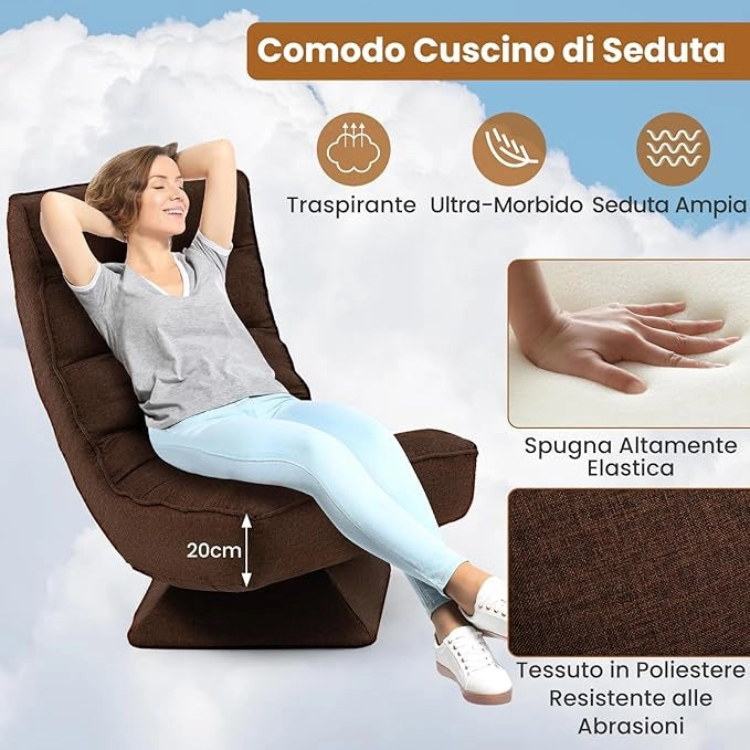 Chaise longue da Pavimento Pieghevole, Sedia da Gioco da Pavimento con Schienale Regolabile in 5 Posizioni, Divano Reclinabile da Interno (Marrone)