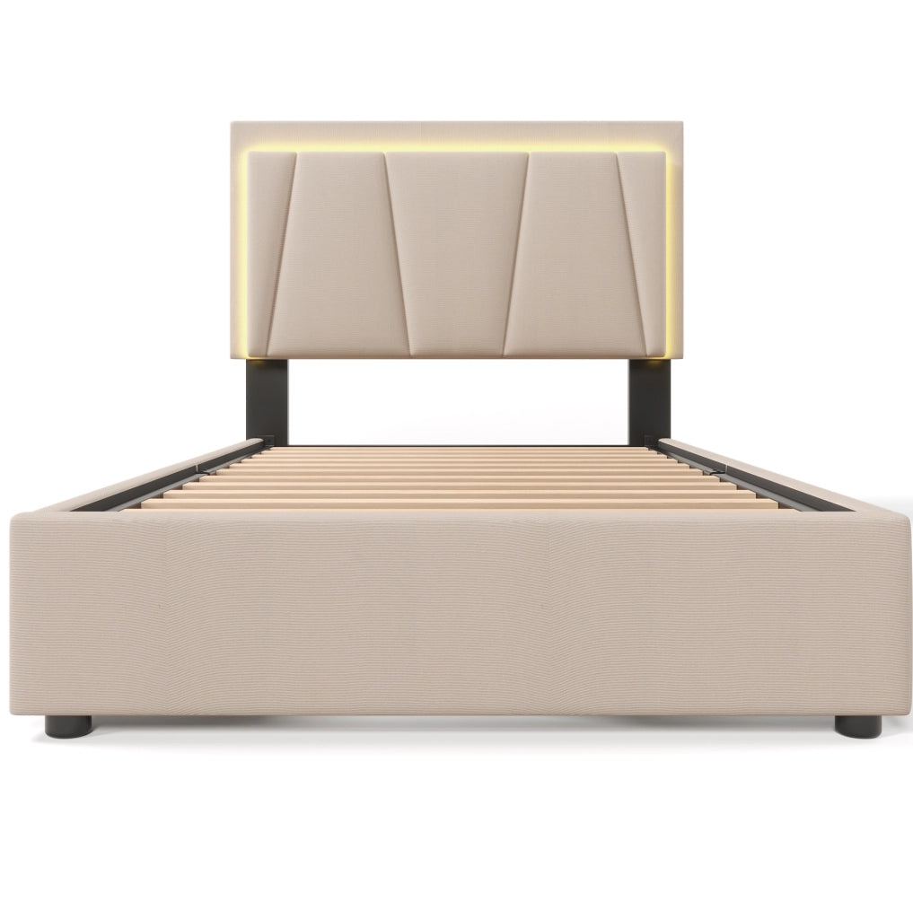 Letto singolo 90x200 cm con LED; 2 cassetti e testiera regolabile; tessuto beige