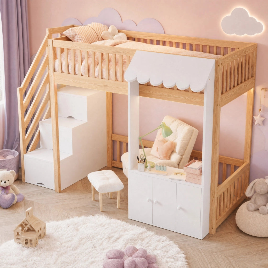 Letto a soppalco 90x200 cm con scala contenitore e luci colorate