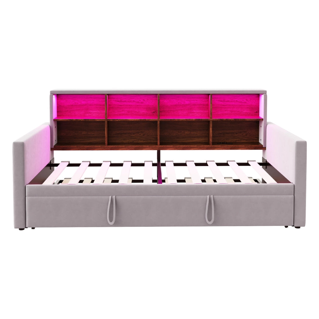 Letto imbottito estraibile 90x190 cm con testiera contenitore, luci LED, prese di ricarica e rete a doghe, colore grigio chiaro