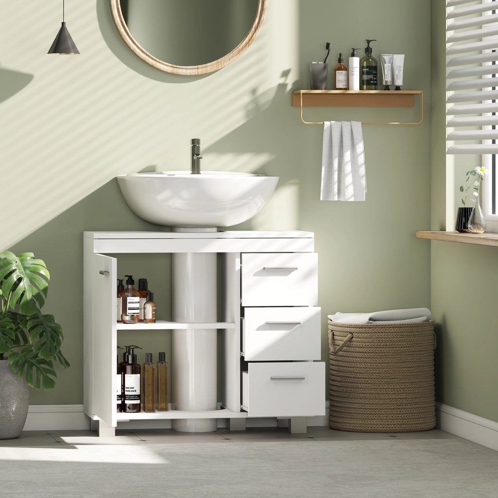 Mobile Sottolavabo Bagno 70x30x 64 cm con Armadietto in MDF Bianco
