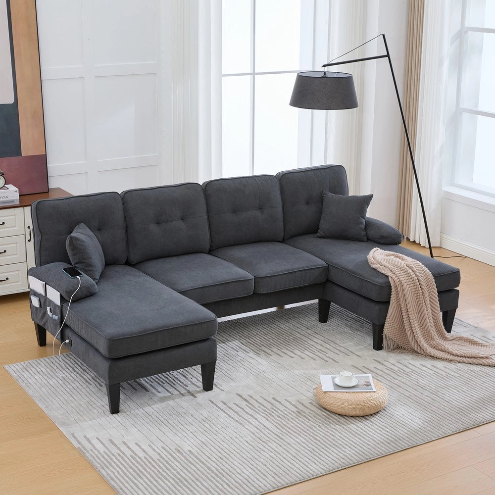 Divano 4 posti con Chaise Longue ¨C Minimal ¨C Grigio scuro tessuto imbottito con cuscini gambe in metallo