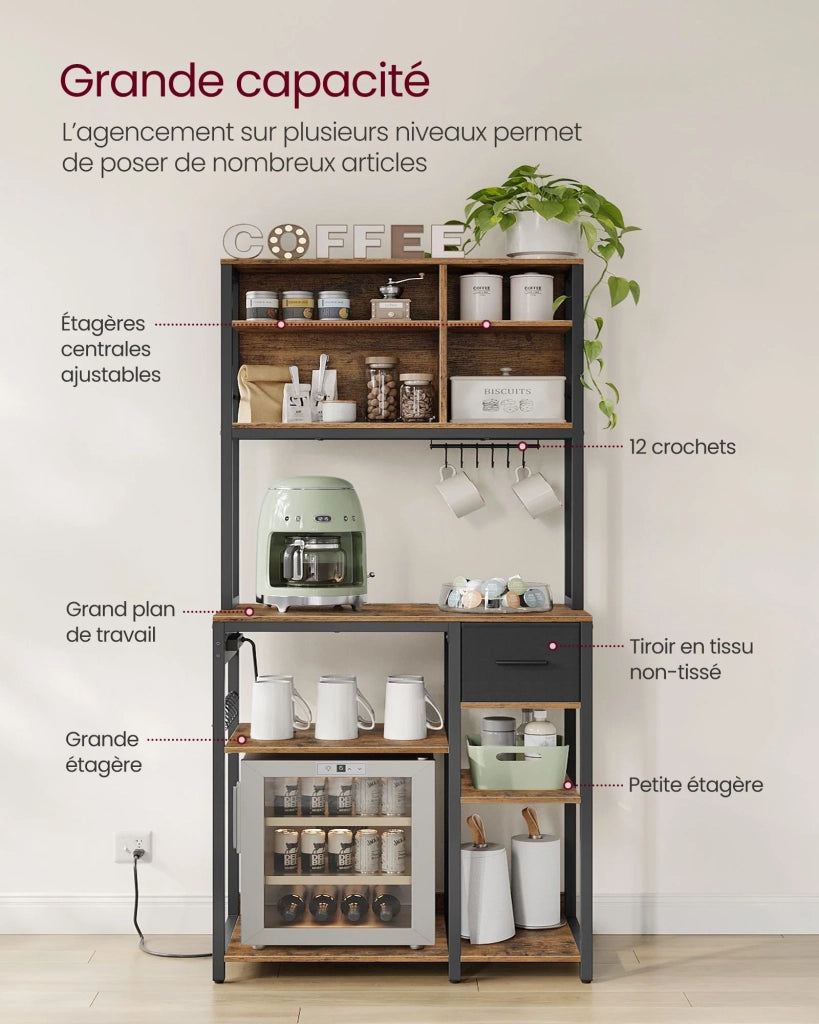 Mensola da cucina con multipresa bar con ripiani regolabili cassetto in tessuto 12 ganci 40 x 80 x 180 cm supporto per microonde marrone rustico e nero inchiostro 12_0005657