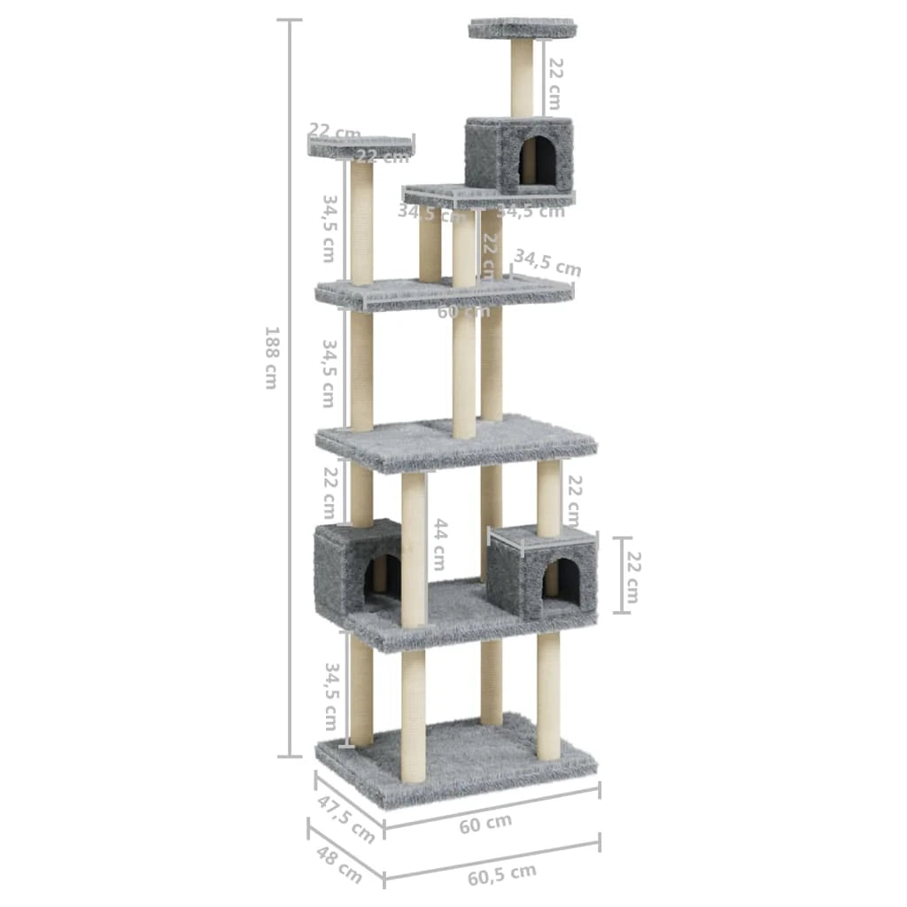 Tiragraffi per gatti torre per arrampicata giocattolo piattaforma per arrampicata con tiragraffi in sisal leggero 188 cm grigio 02_0022598