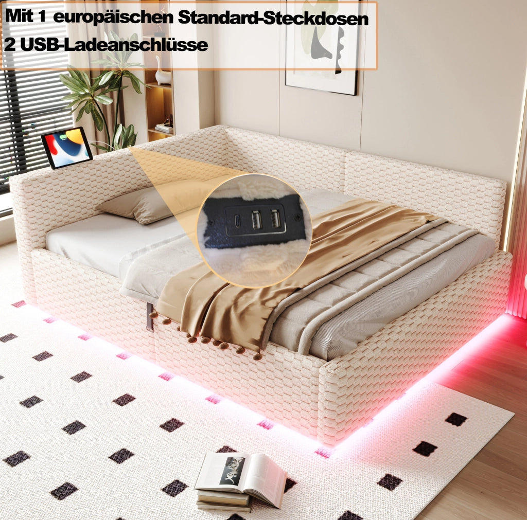 Letto matrimoniale 140x200 cm con contenitore; LED; USB e USB-C in velluto beige