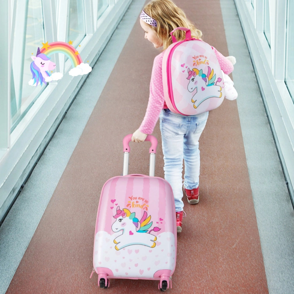 Set di 2 valigette per bambini da viaggio con ruote girevole 360¡ã, Trolley bimbo e zaino Binaco e rosa