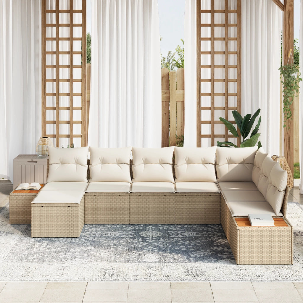 Set Divano da Giardino 8 Pezzi con Cuscini Beige Polyrattan Acacia