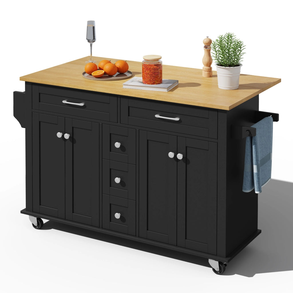 Isola da Cucina Mobile 140x40/65x89 cm Nera e Legno con Piano Ribaltabile, 5 Cassetti e 5 Ruote