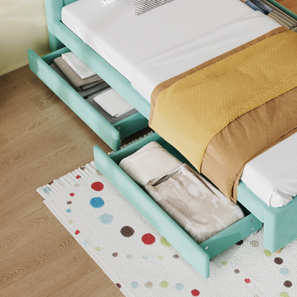 Letto a casetta 90 × 200 cm con 4 cassetti imbottito in velluto francese blu verde con testiera decorata