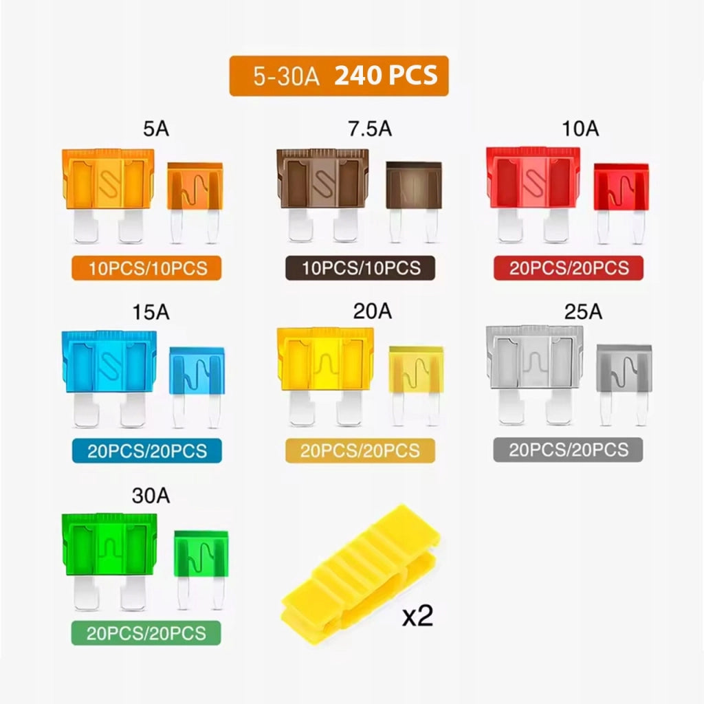 Set Fusibili Auto ProMix 240 – 240 Pezzi MINI e STANDARD 5A-30A | Colori Diversi | Con Organizer e 2 Estrattori