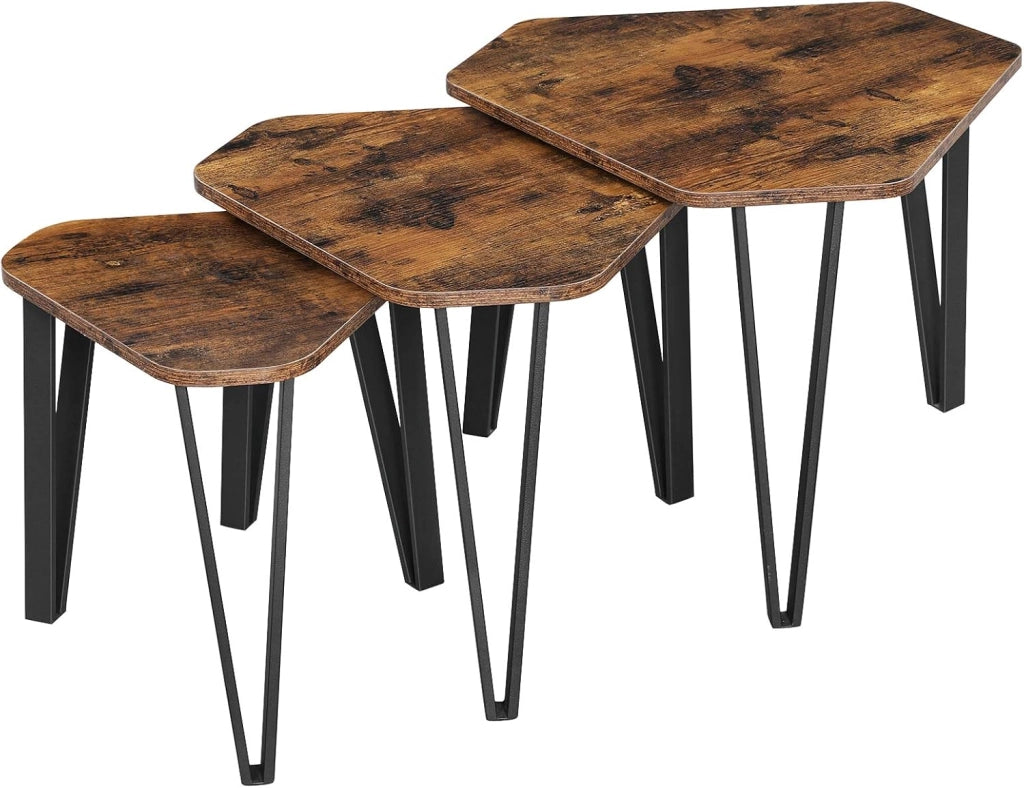 VASAGLE LNT14BX - Set di 3 divani impilabili, resistenti, montaggio semplice, struttura in acciaio, stile industriale, marrone rustico e nero