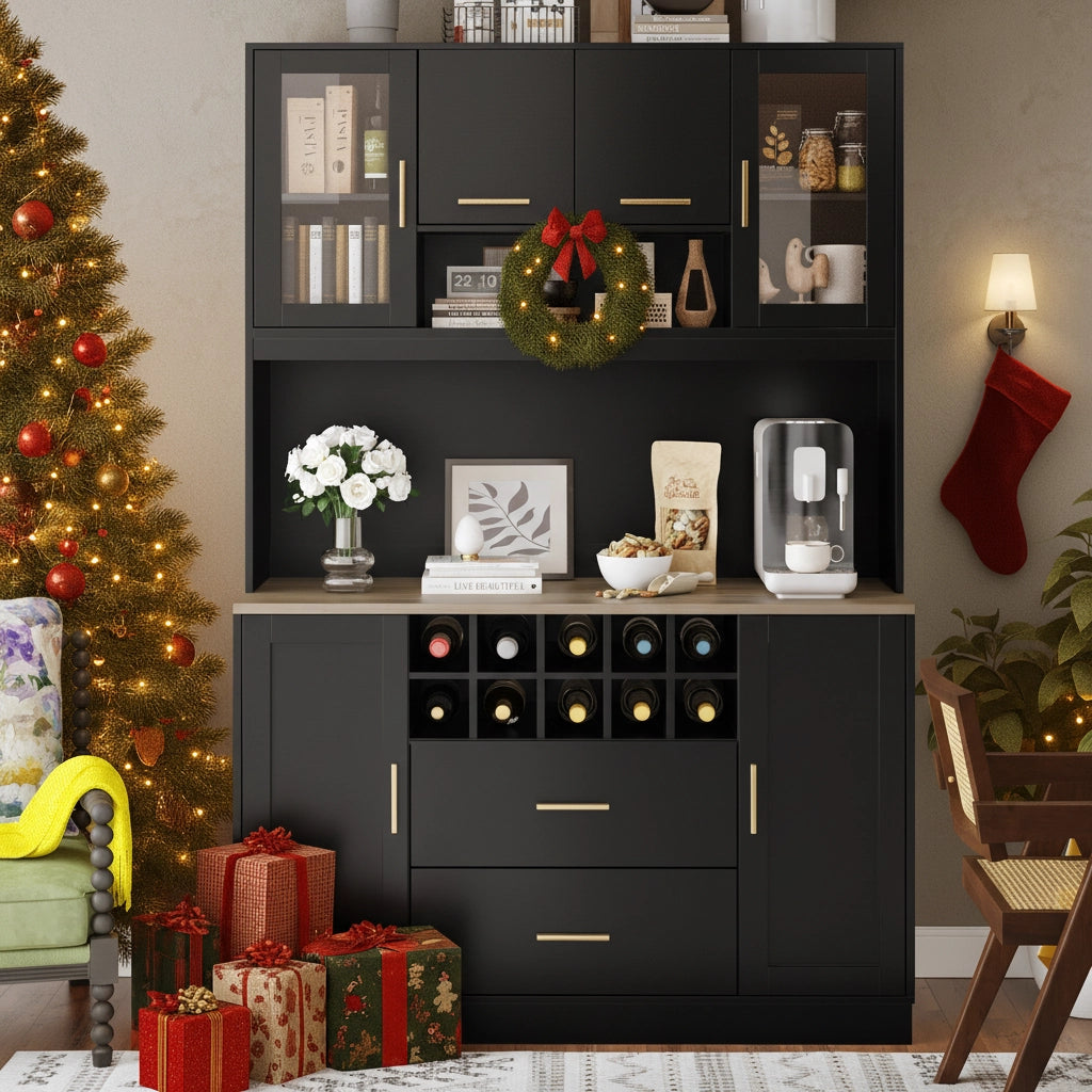 Credenza da Cucina Alta con 6 Ante 2 Cassetti LED e Prese USB per Cucina in MDF e Metallo Nero 120x36;3x180 cm