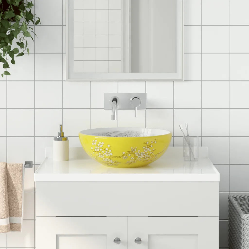 Lavabo da Appoggio-Lavandino-Lavello Bianco e Giallo Rotondo ¦µ41x14 cm Ceramica