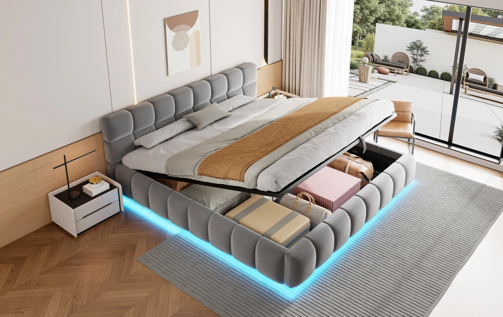 Letto contenitore imbottito 180x200 cm in velluto grigio con LED