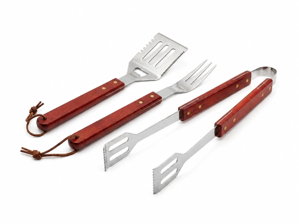 Kit utensili Barbecue da 3 pezzi in Acciaio inox con manico in legno