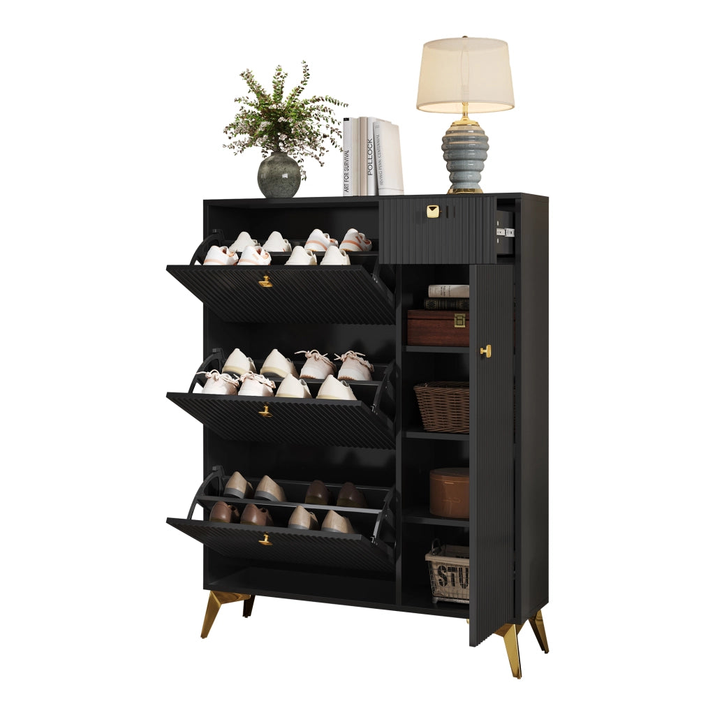 Scarpiera moderna stretta con 3 ante ribaltabili, 1 cassetto e 1 sportello, colore nero, 90 x 25 x 121 cm