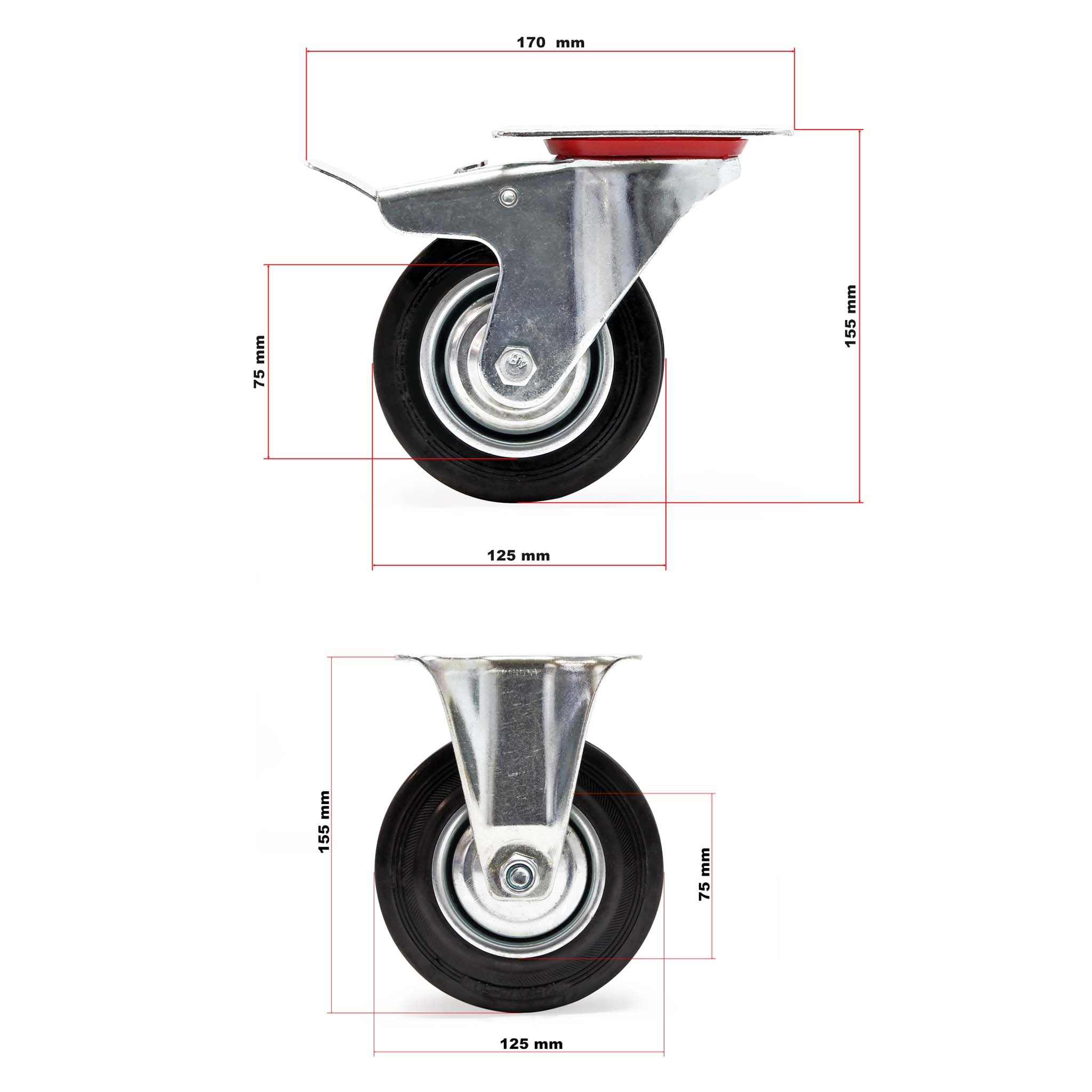 Set rotelle da trasporto 125 mm 2 ruote piroettanti con freno 2 fisse, nucleo in metallo, 100 kg a ruota
