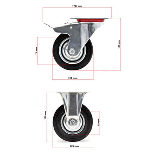 Set rotelle da trasporto 125 mm 2 ruote piroettanti con freno 2 fisse, nucleo in metallo, 100 kg a ruota