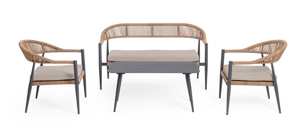Set 4 Pezzi Salotto da Giardino con Divano 2 Poltrone e Tavolino in Alluminio e Fibra Sintetica Jandia Antracite e