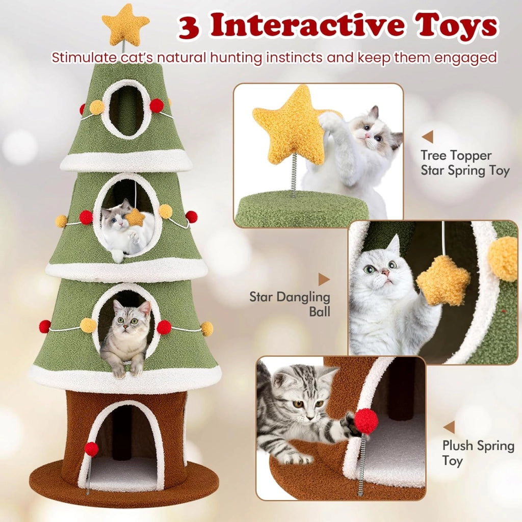 Albero di Natale per Gatti 154 cm, Tiragraffi per Gatti a 4 Livelli con Cuccia Grotta in Peluche con Palline, Piattaforma e Palla, Torre per Gatto con Rifugio, Forma di Albero di Natale