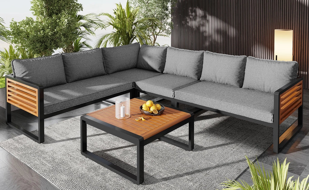 Mobili da giardino moderni per cinque sei persone divani esterni con struttura ferro zincato braccioli decorativi in legno arredamento ideale per balcone terrazzo e giardino